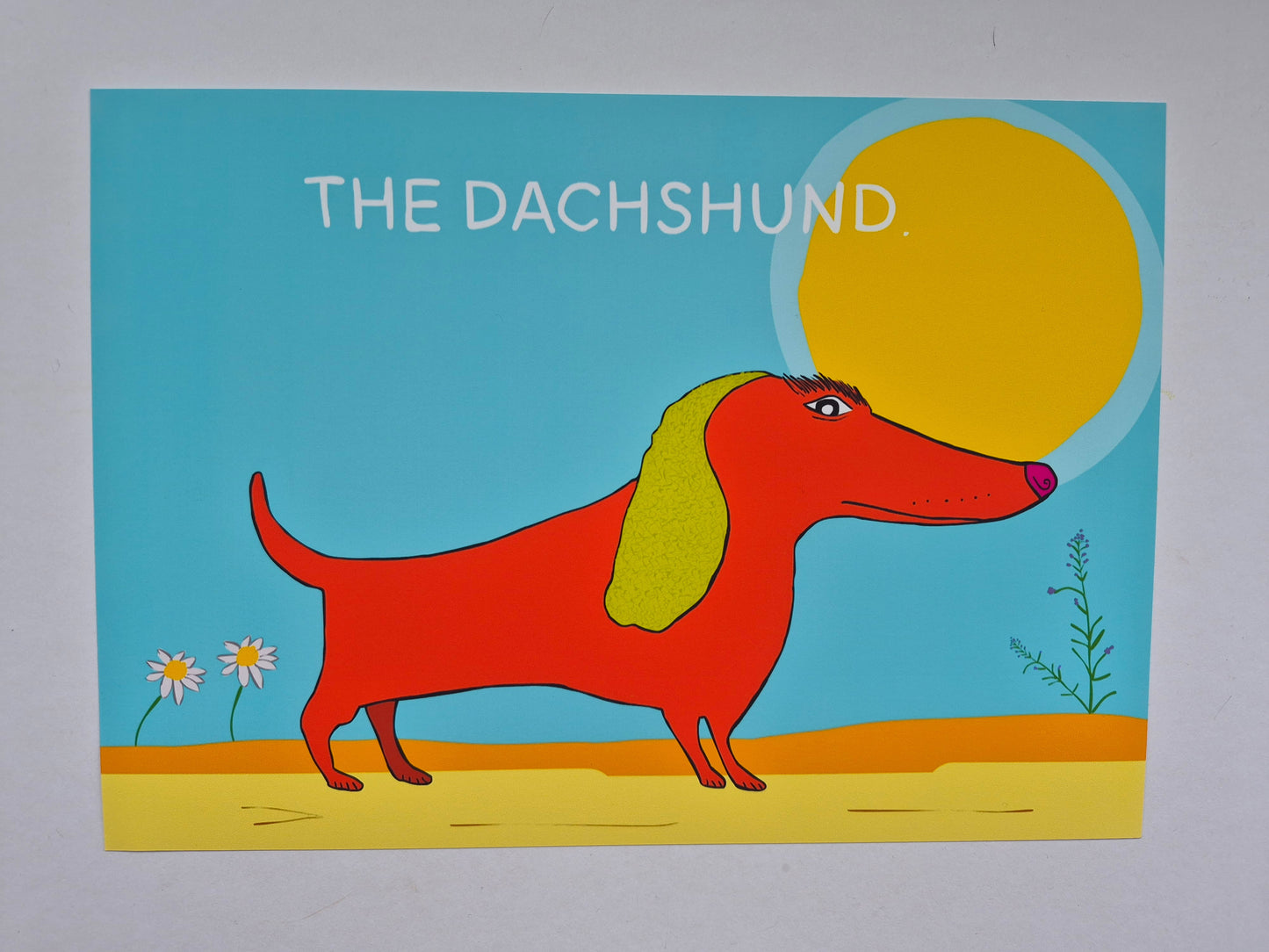 Cartoon dachshund on a blue background with sun and flowers