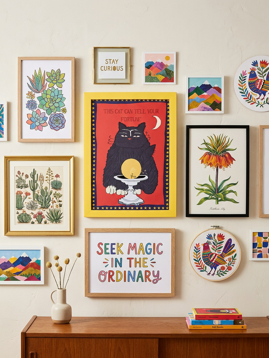 Wall with various framed artworks and a wooden desk. The focus is on a funny framed cat illustration.