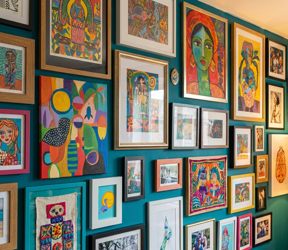 Wall with various colorful paintings and artworks on a teal background
