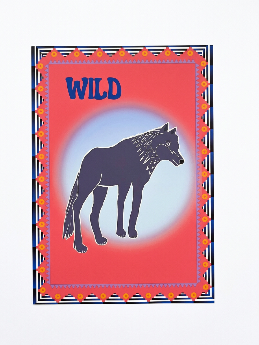 A hand illustrated wolf print with the word 'WILD' on a pink background with geometric border pattern.