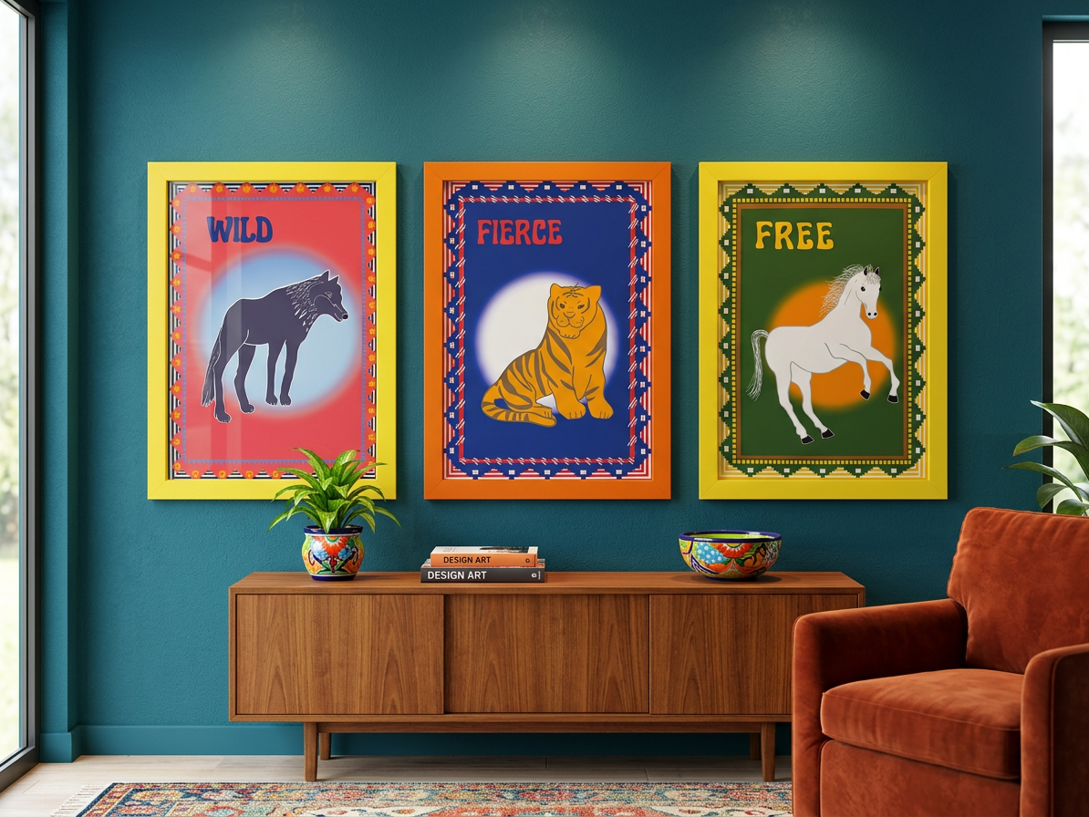 Three colorful posters with animal illustrations on a blue wall above a wooden cabinet.