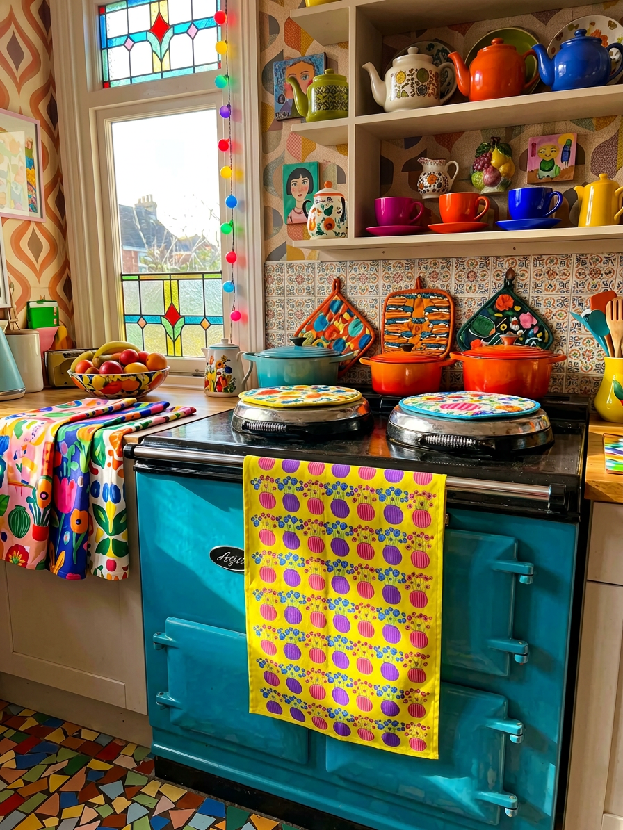 yellow floral tea towel in a colourful, dopamine decorated kitchen