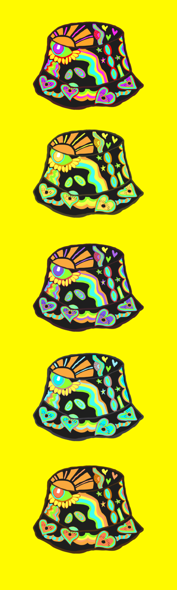 A vertical row of colourful illustrated retro bucket hats on a yellow background