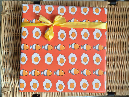 Orange wrapping paper with an egg print design