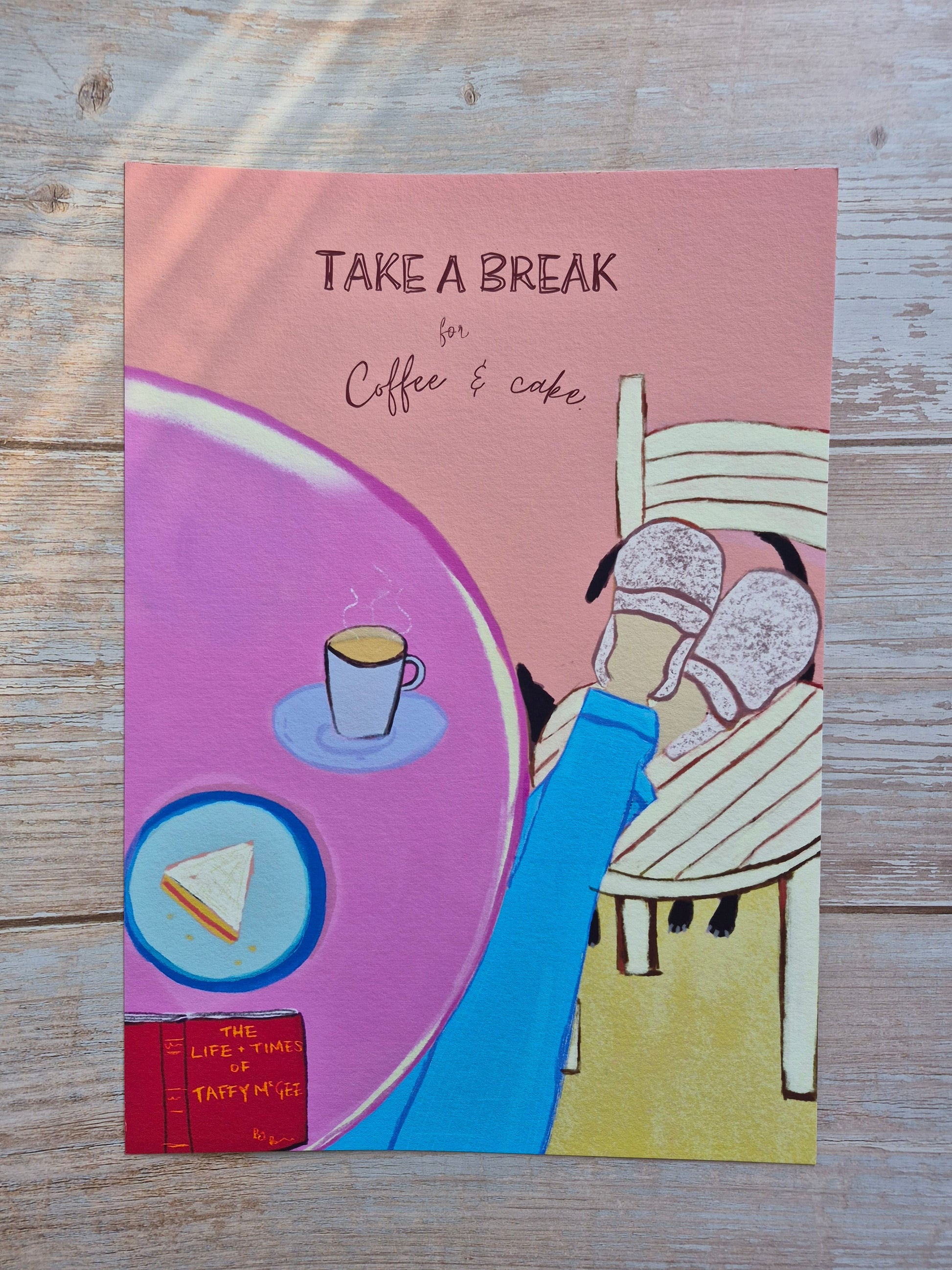 Illustration coffee wall art, a table with coffee & cake and the text “take a break for coffee and cake.”