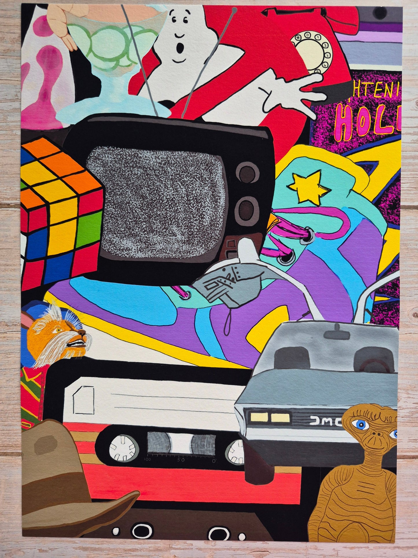 Retro 80s art print featuring iconic 80s memorabilia and film references