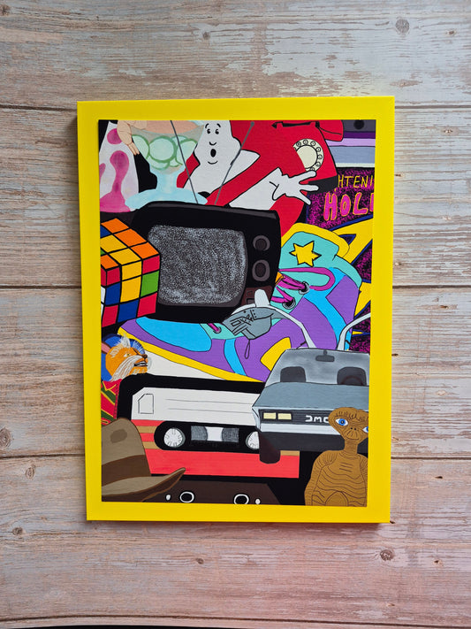 80s collage print in a yellow frame