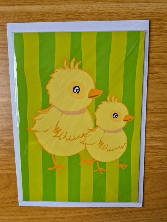Colourful Easter chick greetings card with a green striped background 