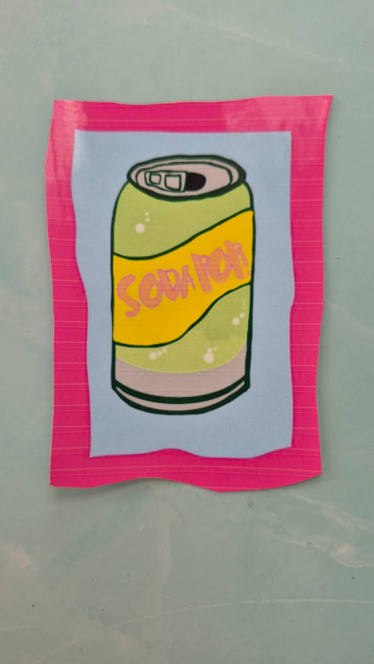 Rectangular vinyl sticker with a soda can design