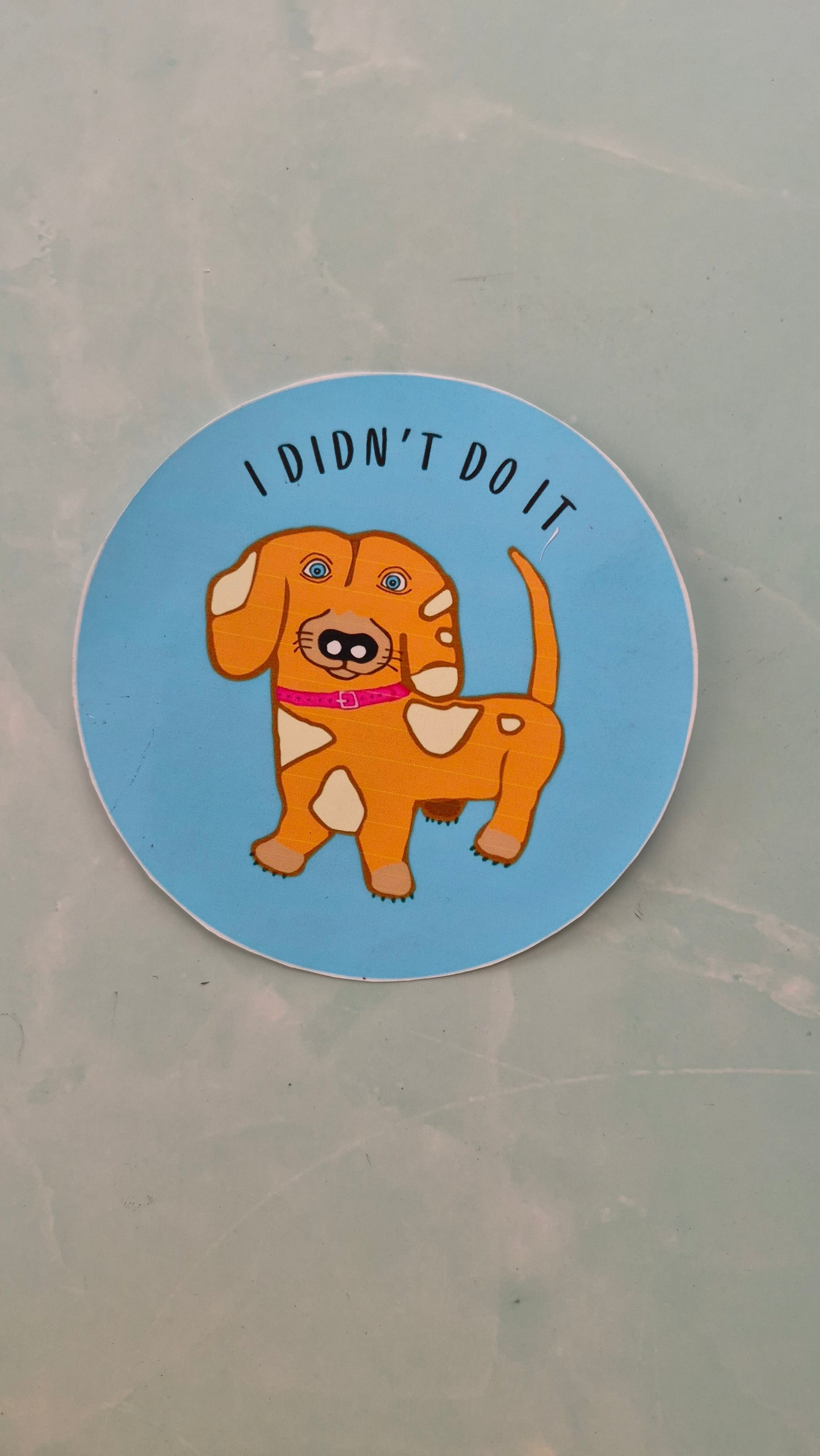 Round vinyl sticker with a cartoon dog and text 'I Didn't Do It' on a blue background