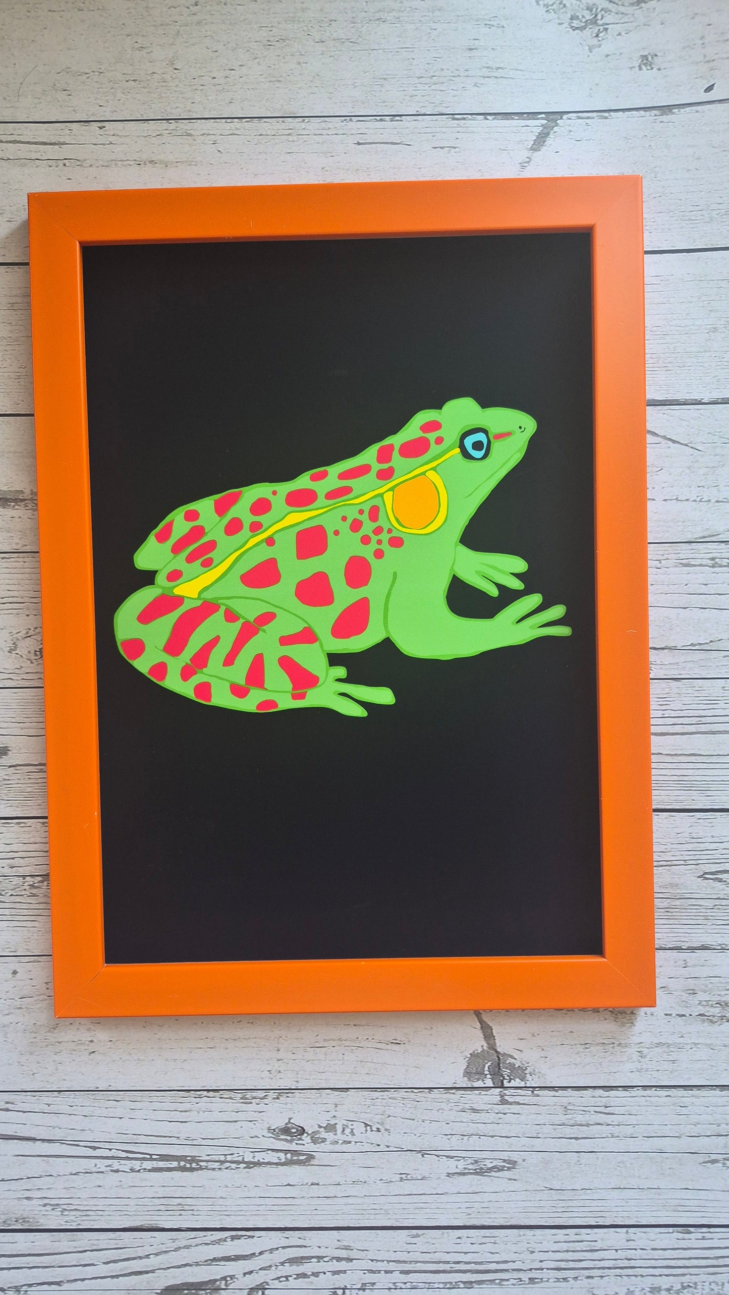 Framed artwork of a colourful green and red frog with a black background resting on a wooden surface.
