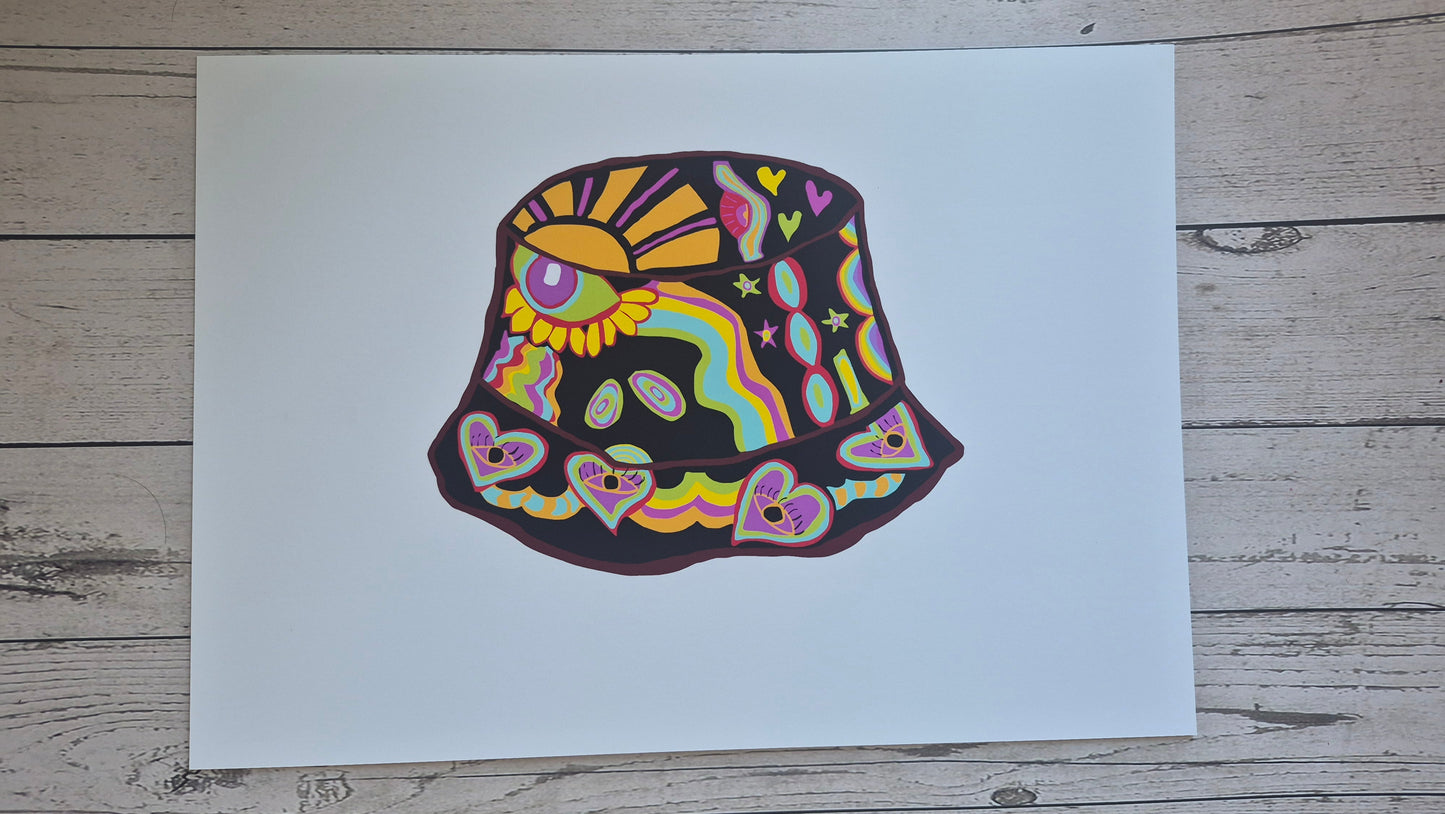 Colourful abstract bucket hat retro art print with on a wooden background