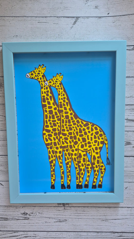 Framed artwork of a stylized giraffe on a blue background