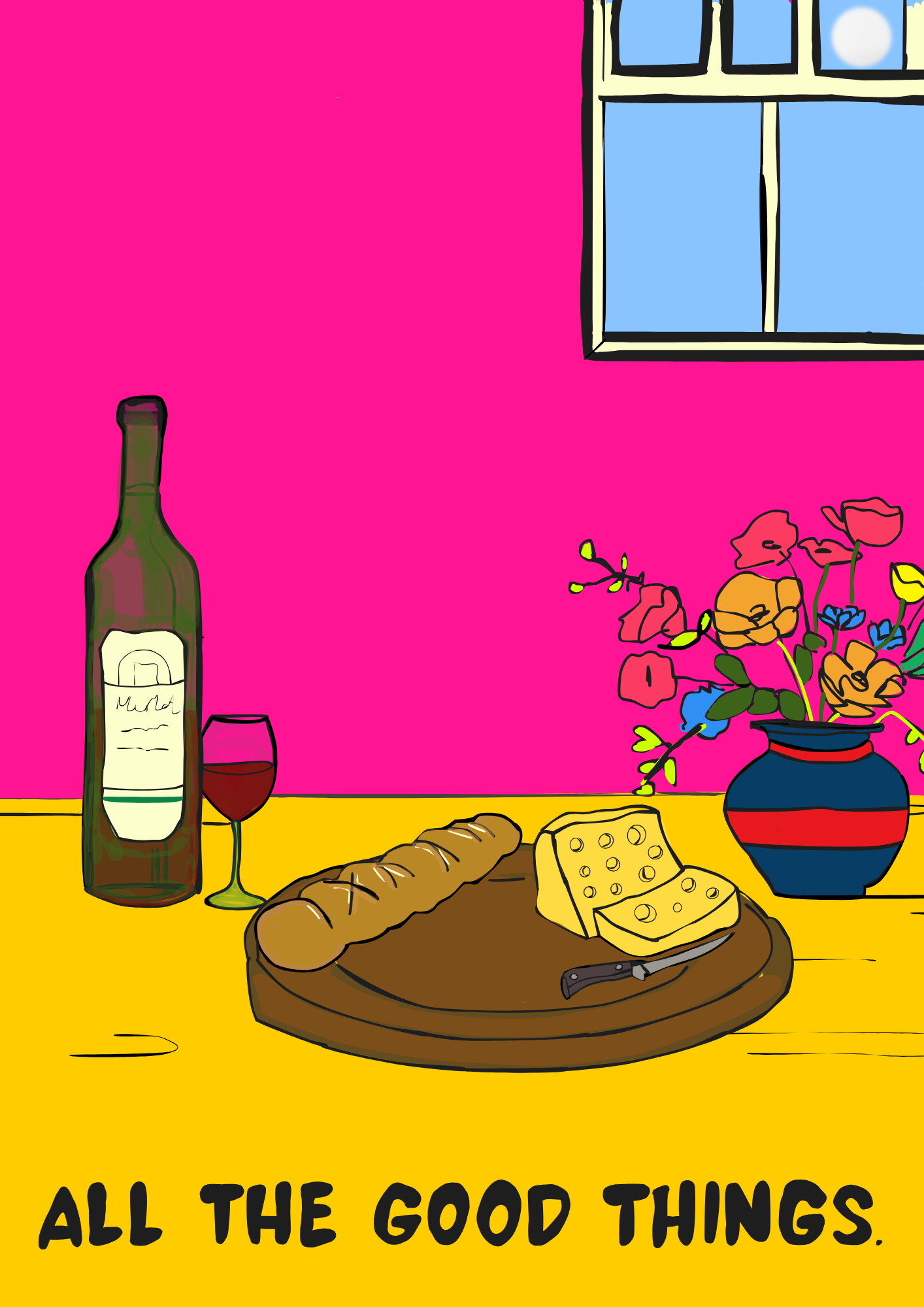Illustration of a table with bread, wine, and flowers against a pink wall with a window.