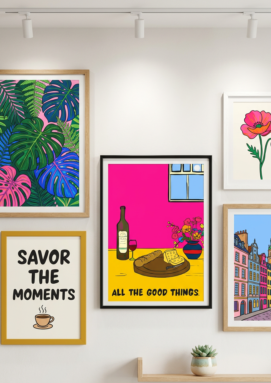 Wall with framed artwork including a floral print, a motivational quote, and a colorful cityscape.