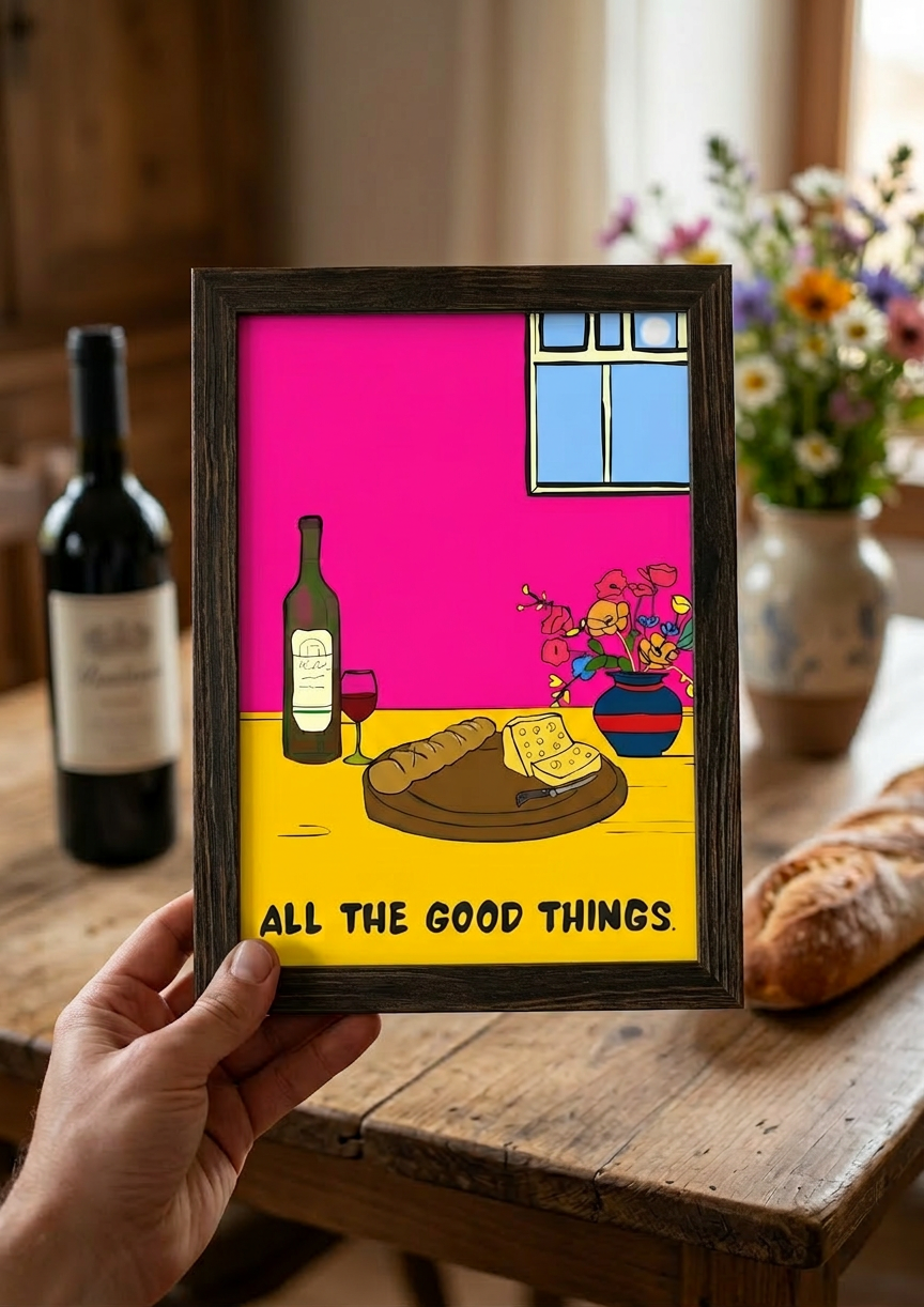 A framed print depicting wine, cheese and a baguette, hand-illustrated kitchen art 