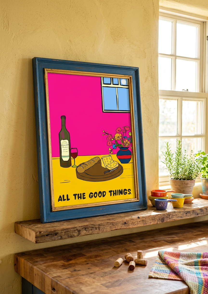 Colourful food themed kitchen print  on a wooden picture shelf in a bright kitchen
