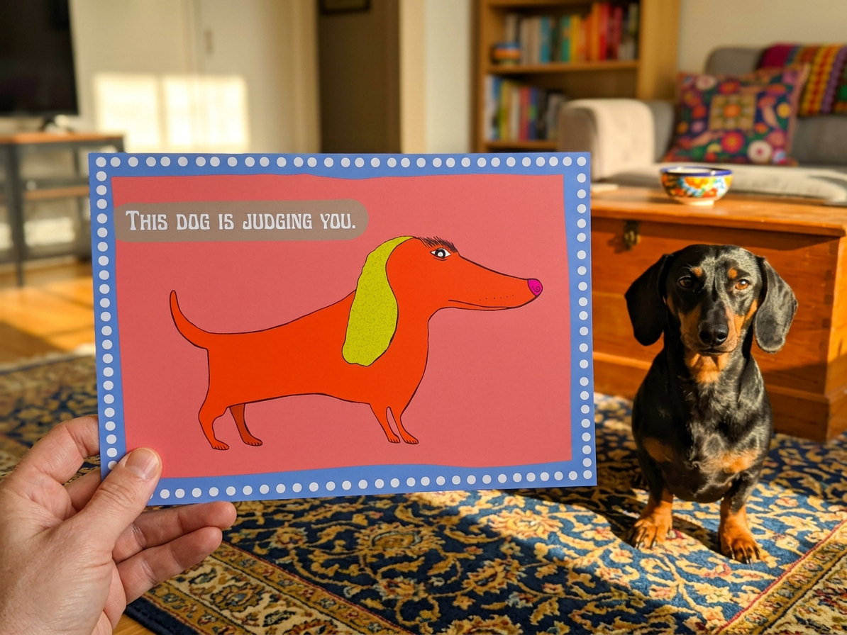 Sausage dog sitting next to a hand holding a colourful print featuring an illustration of a dachshund on it and text which reads 'This dog is judging you' in a living room.