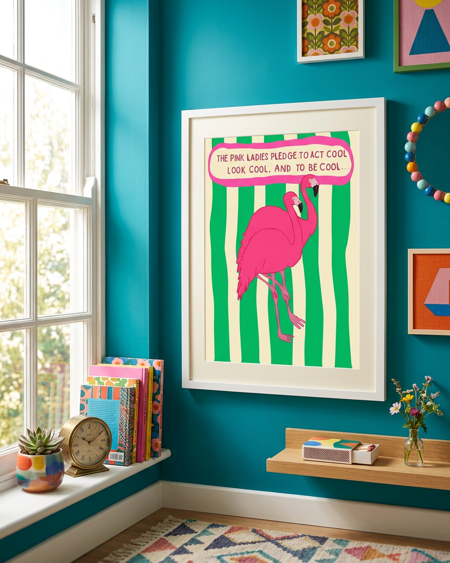 Flamingo art print on a colourful wall