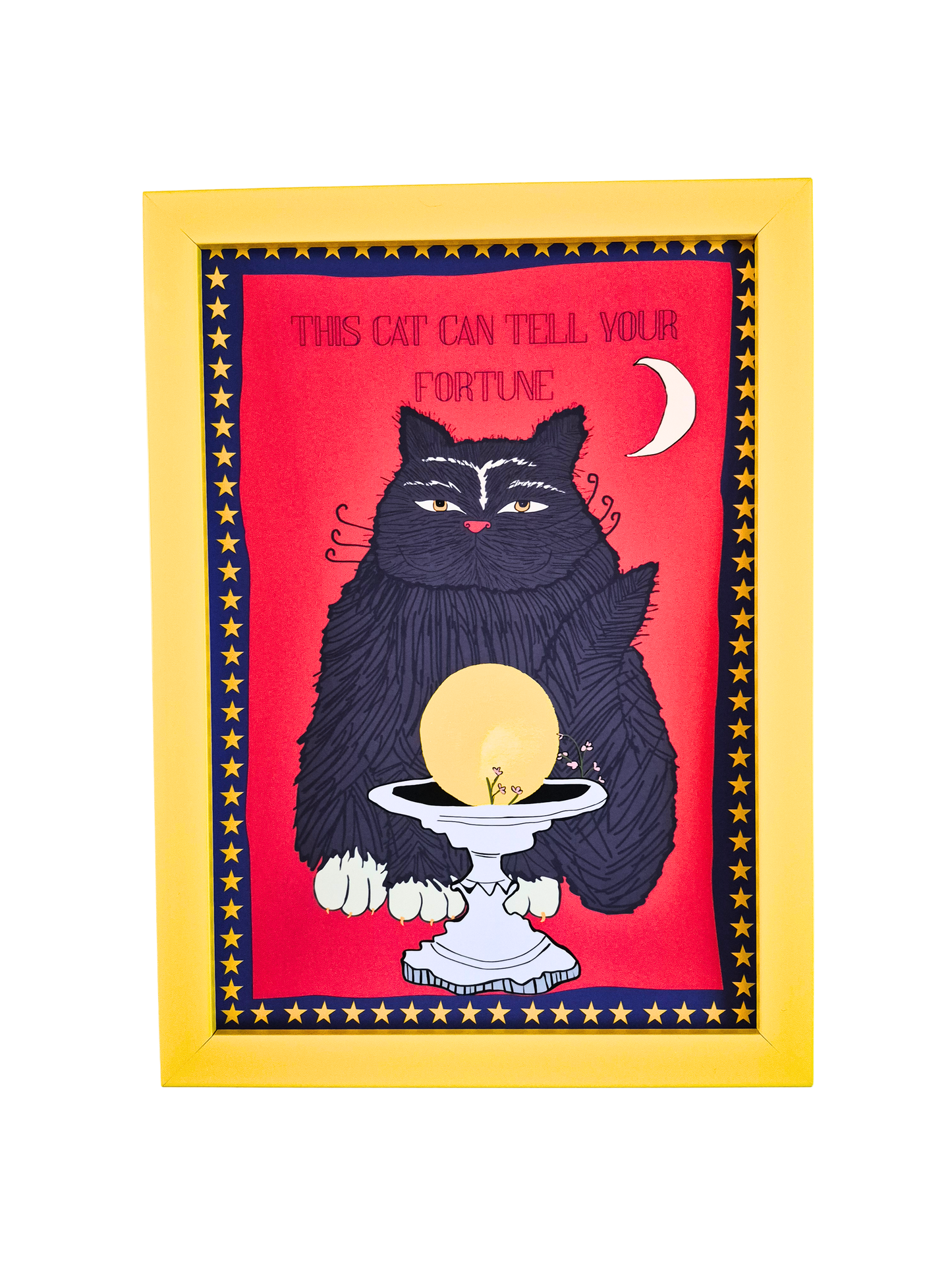 Framed artwork of a black cat with a crystal ball on a red background