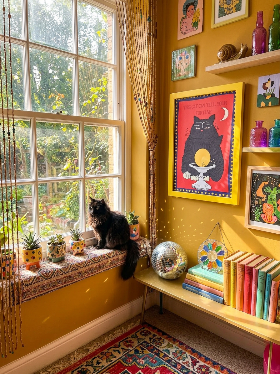 Cat sitting on a windowsill with colourful decor, books, and a colourful gallery wall including a large cat art print  in a room with yellow walls.