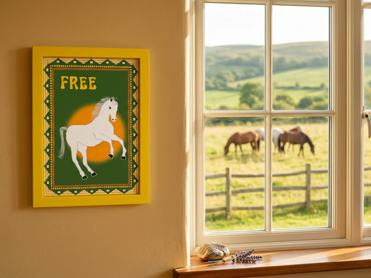 Unique motivational horse art print in yellow frame on a wall with a sunny window