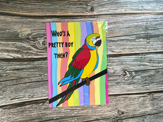 Parrot art print with ‘who’s a pretty boy then?’ Text on a rainbow striped background. The card is resting on a wooden background. 