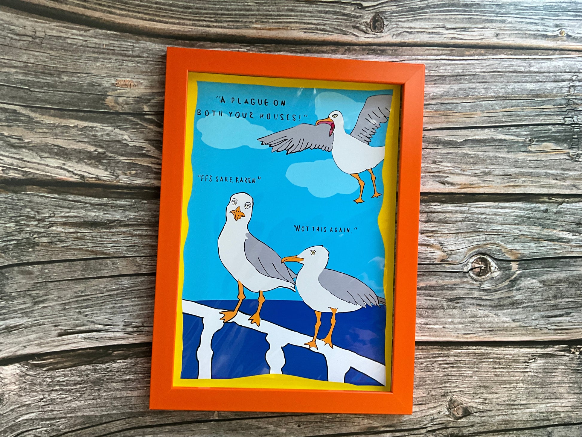 Orange framed art print featuring seagulls. Funny art print. 