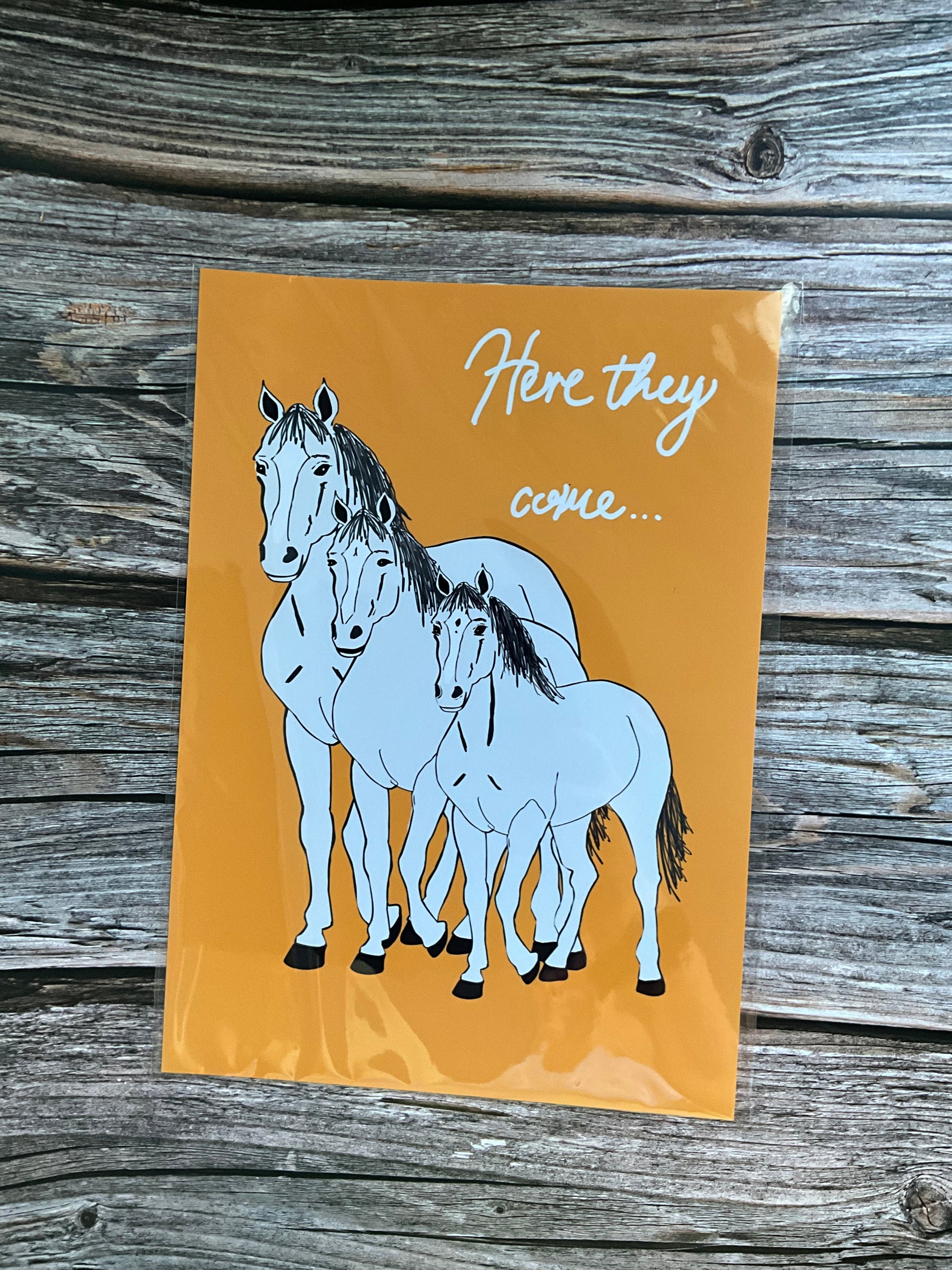 Horse wall art print - white horses and orange background with the song lyric ‘here they come’