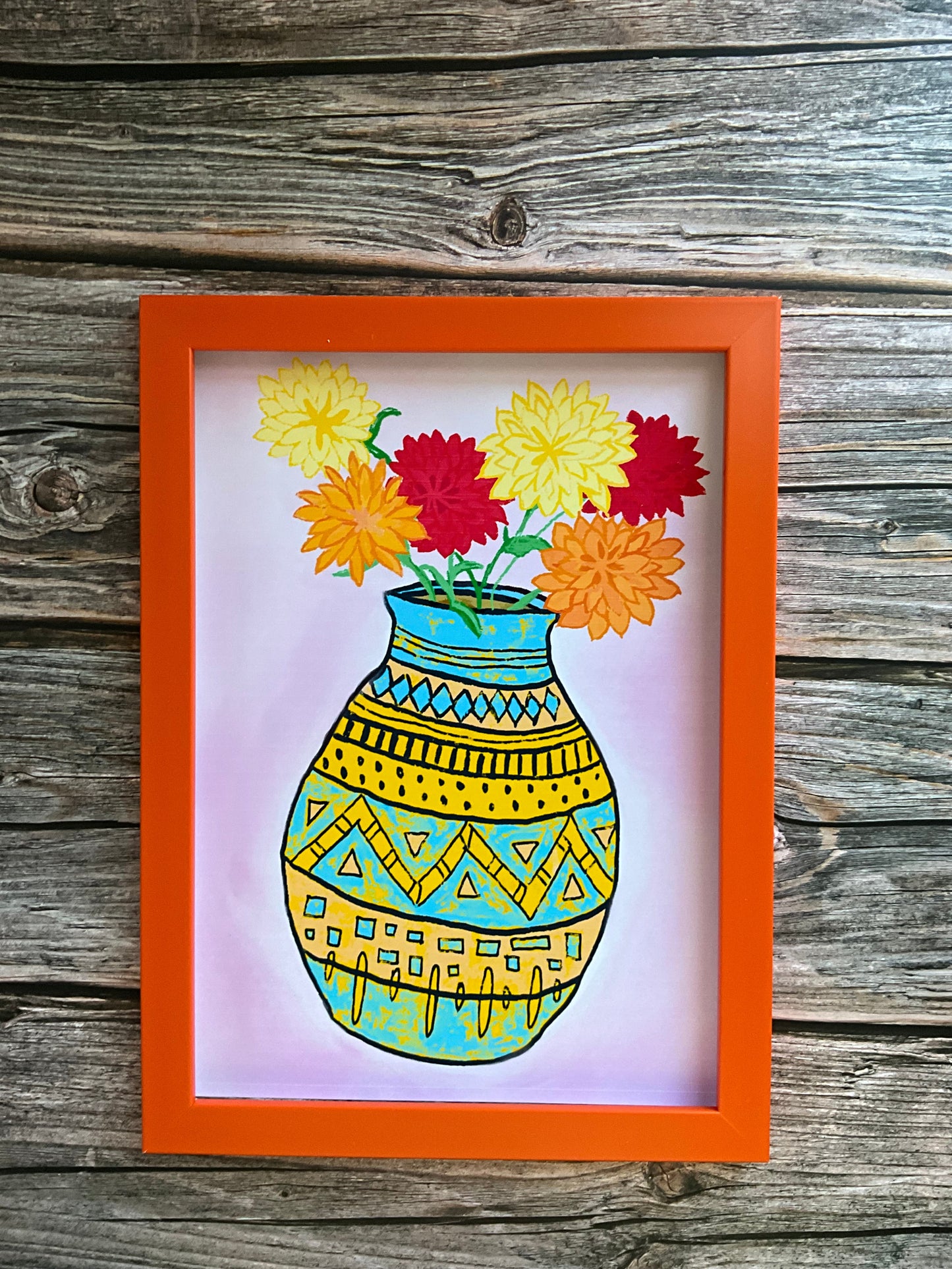 Orange framed vase of flowers art print