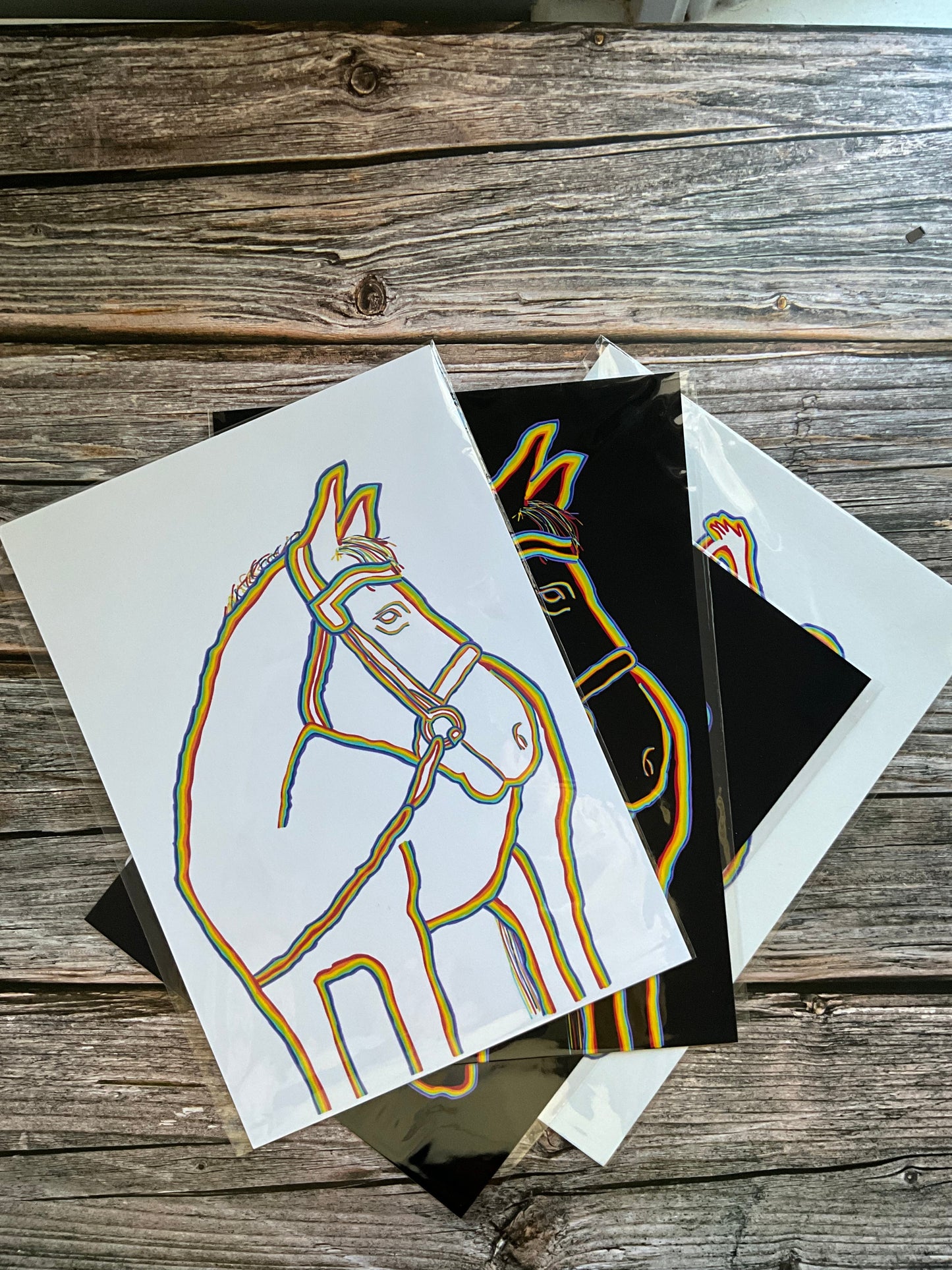 Rainbow horse art print - outline art on a white background