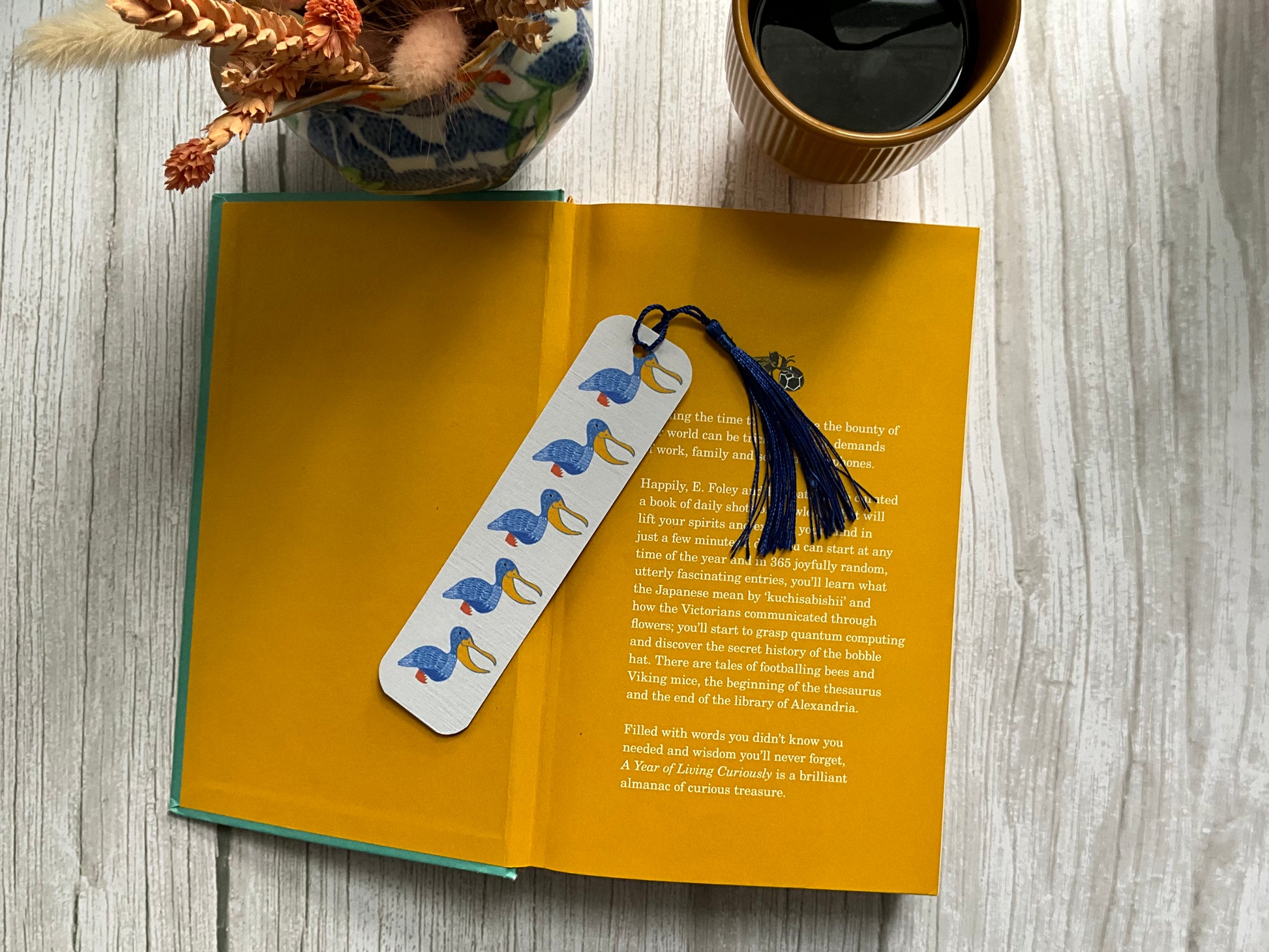 Open book with a bookmark featuring hand illustrations of blue pelicans on a wooden surface.