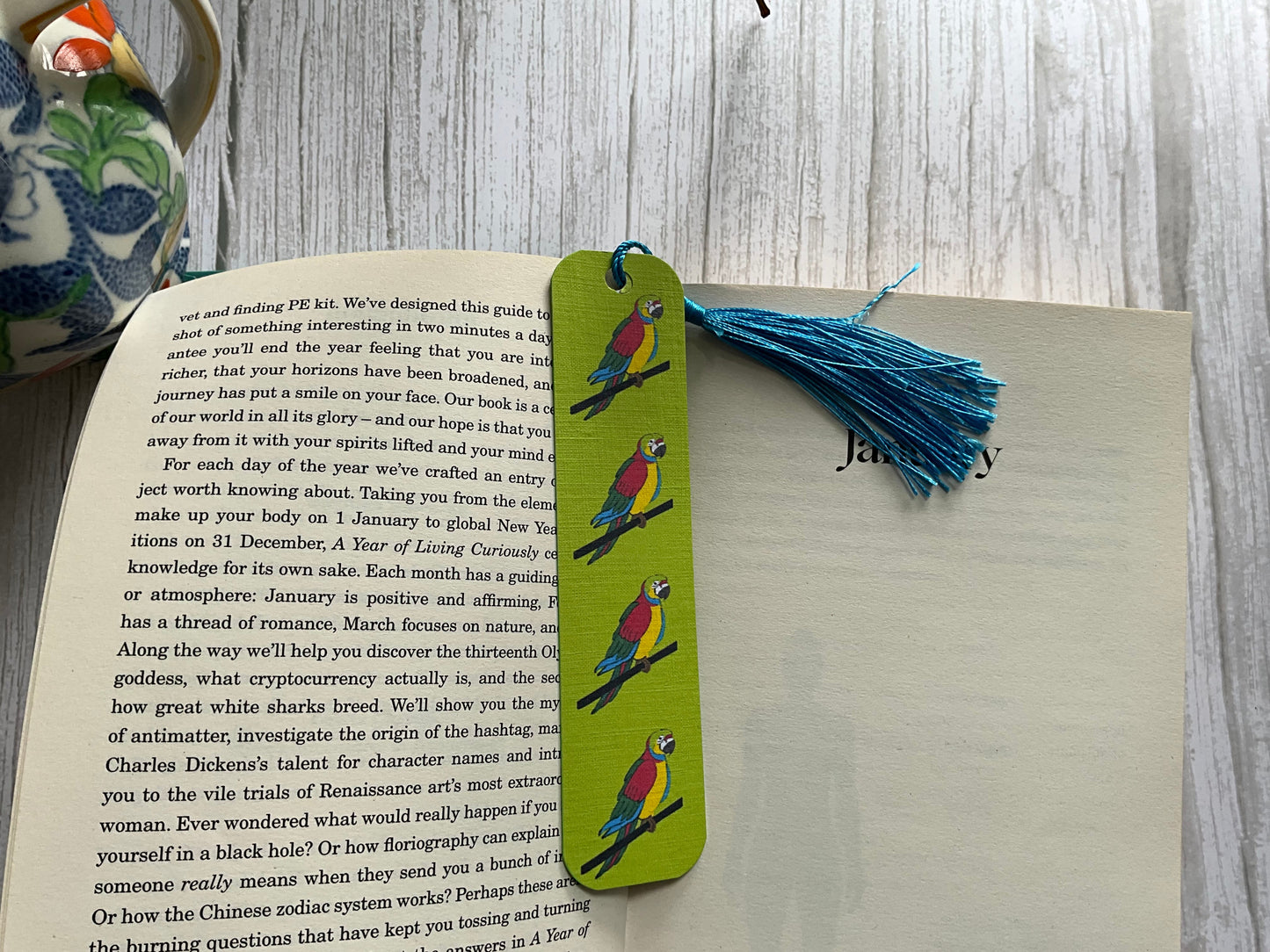 Green bookmark with parrot design on an open book