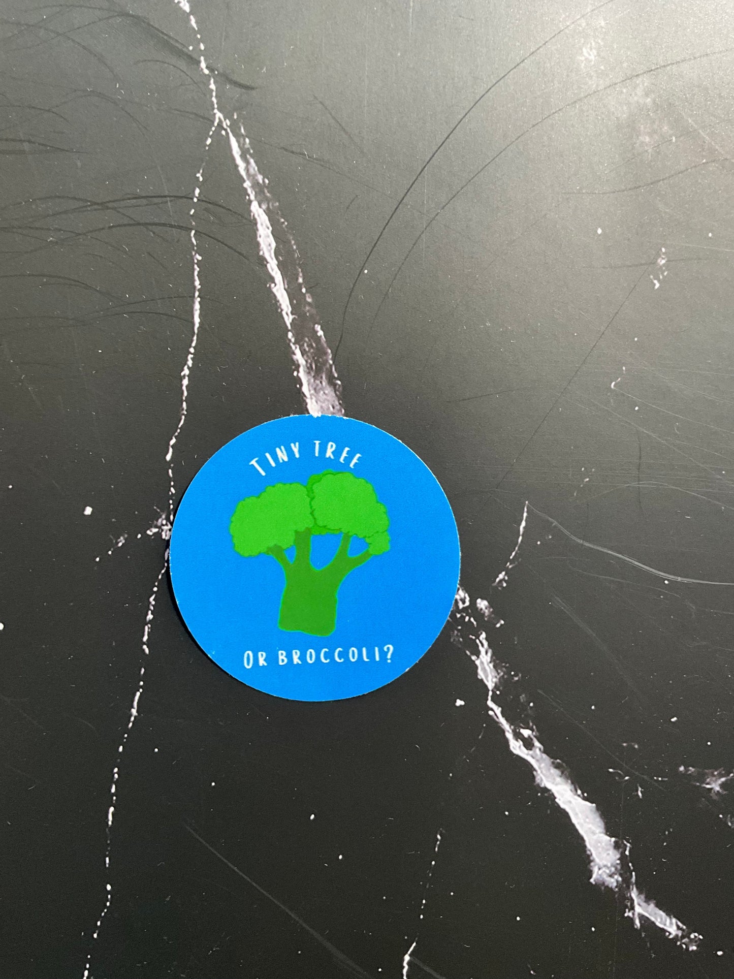 Blue round vinyl sticker featuring an illustration of broccoli and the words ‘tiny tree or broccoli?