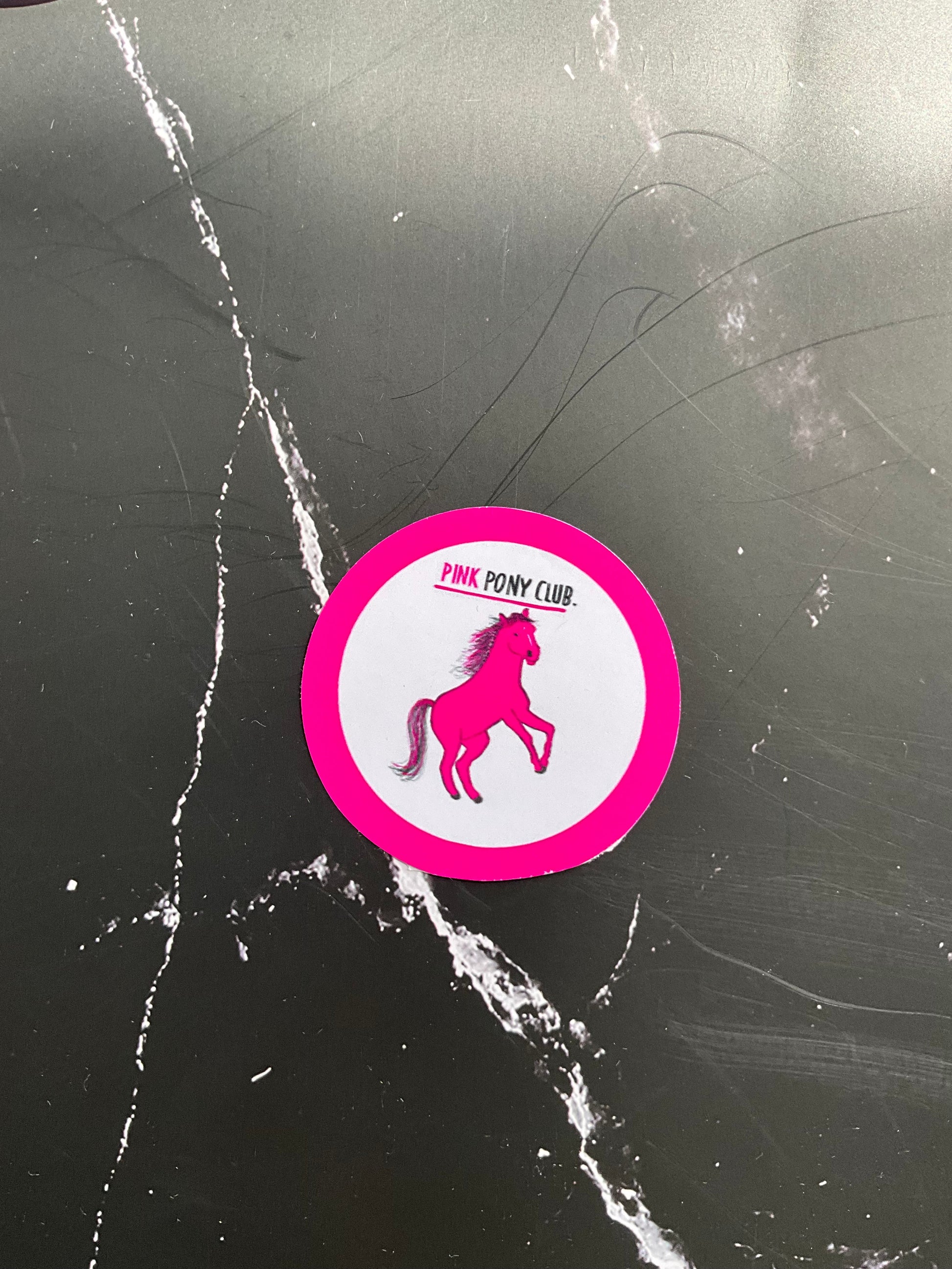 Round sticker featuring a pink  outline and pink pony illustration with the words ‘pink pony club’ underlined