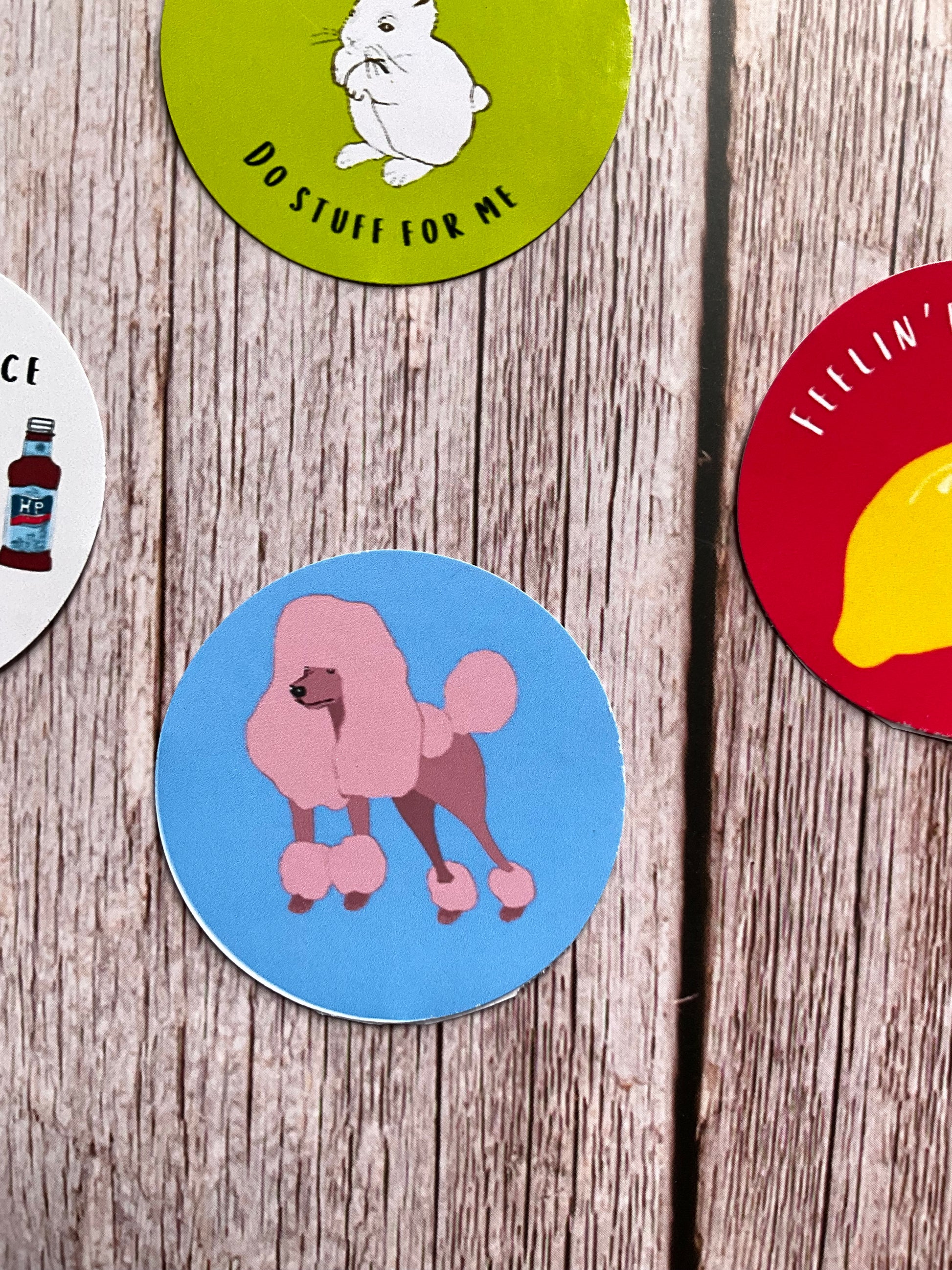 Round blue vinyl sticker featuring a pink poodle design