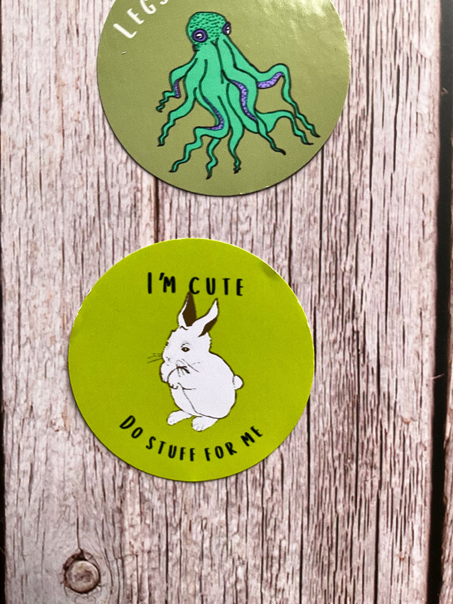 Two round stickers on a wooden surface, one with an octopus design and the other with a  white rabbit and text which reads “I’m cute do stuff for me.”