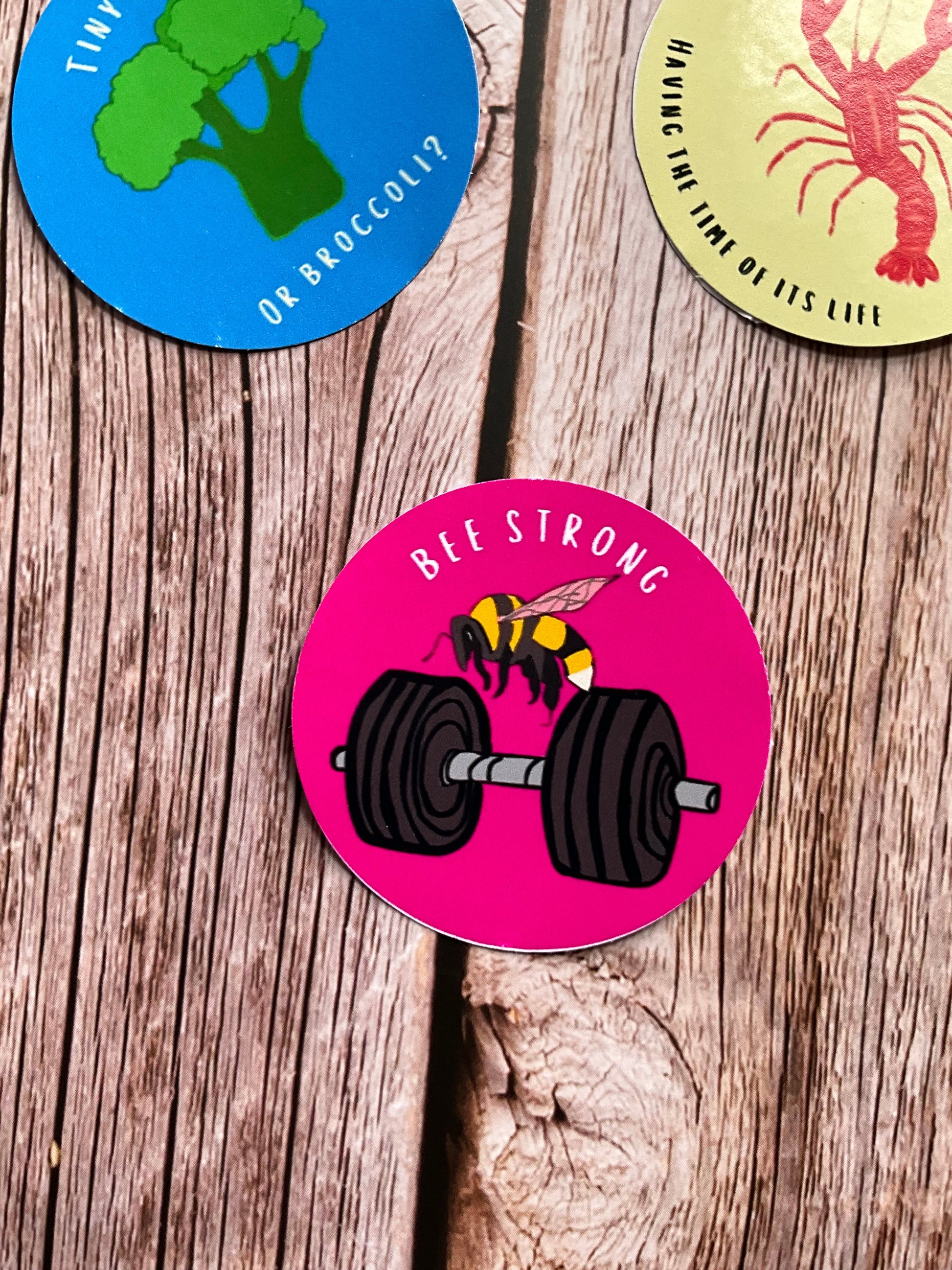 Vinyl stickers on a wooden surface - one featuring a bee & dumbbell illustration with the phrase ‘bee strong’