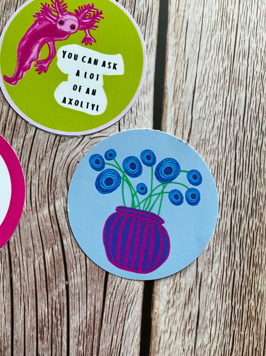 Blue sticker with a purple striped vase with abstract blue flower illustrations
