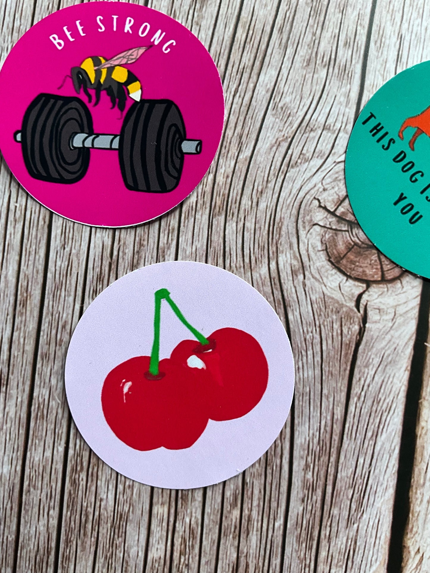 Three round vinyl stickers on a wooden surface, featuring a cherry, weights, and a bee.