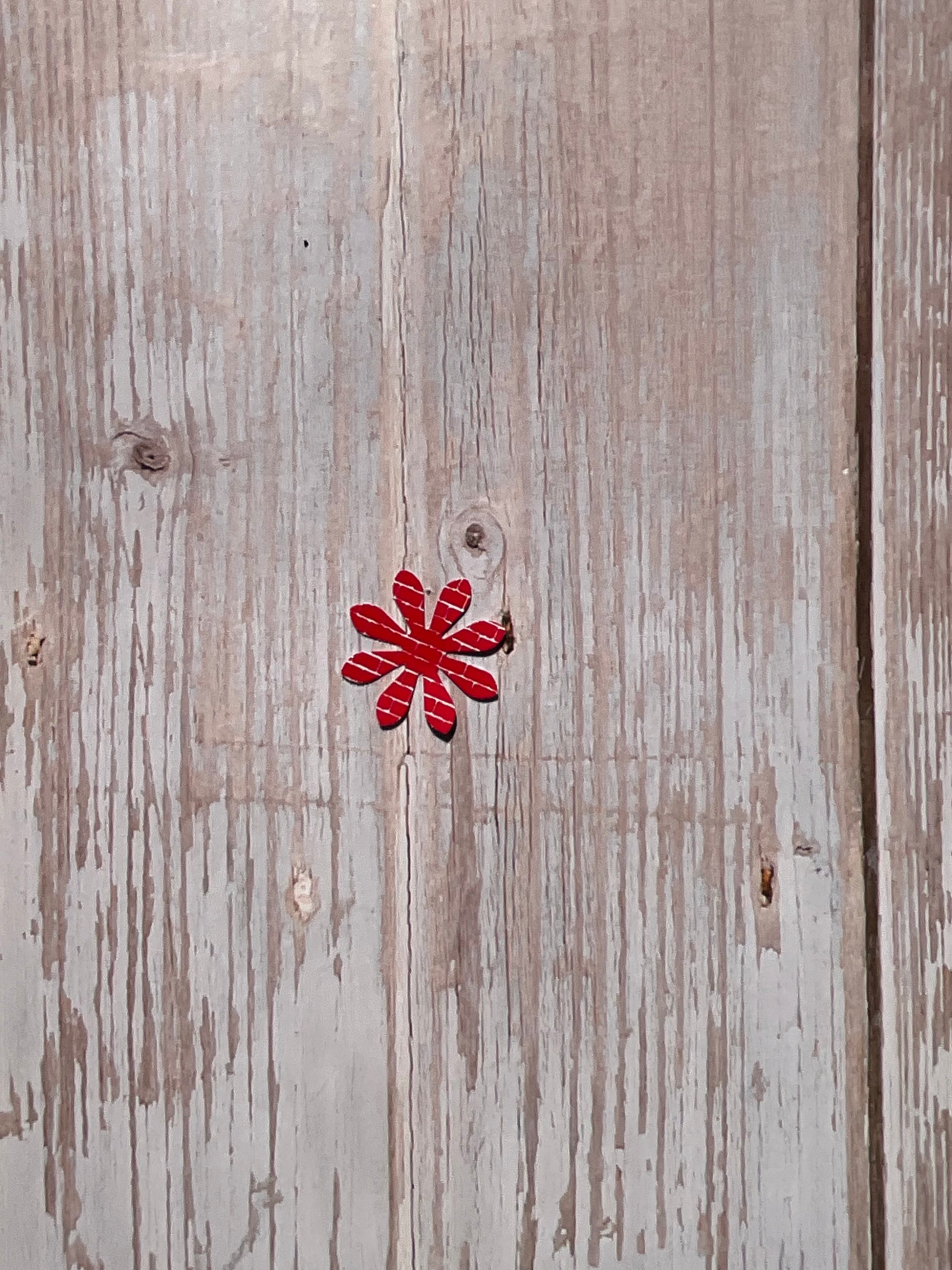 Red flower design on a wooden surface