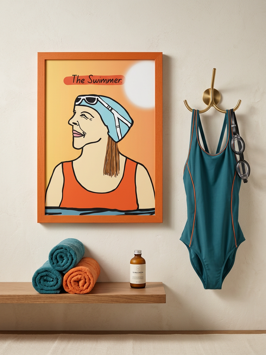 Framed artwork of a swimmer with a blue swimsuit, towel, and bottle on a shelf.