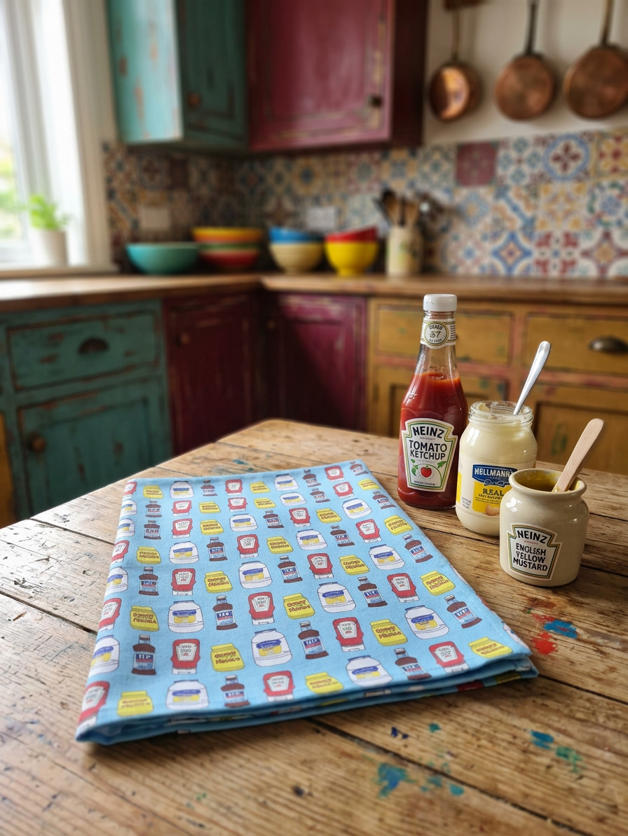 Ketchup bottle, mayonnaise jar, and patterned towel on a wooden table in a kitchen.