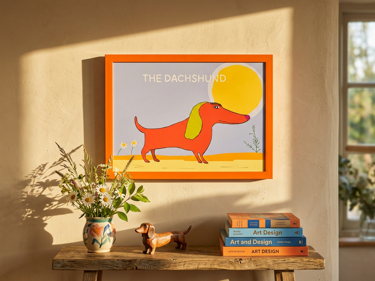 Framed artwork of a dachshund on a wall above a wooden table with decorative items.