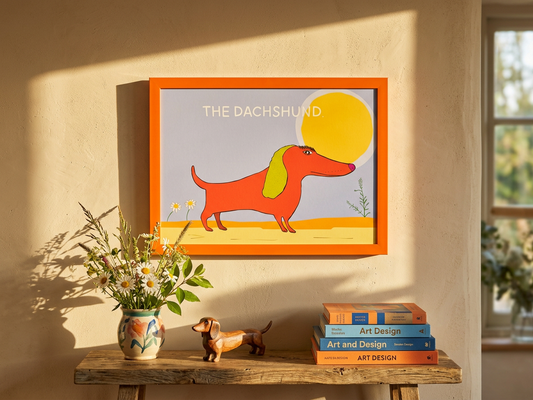 Framed artwork of a dachshund on a wall above a wooden table with decorative items.