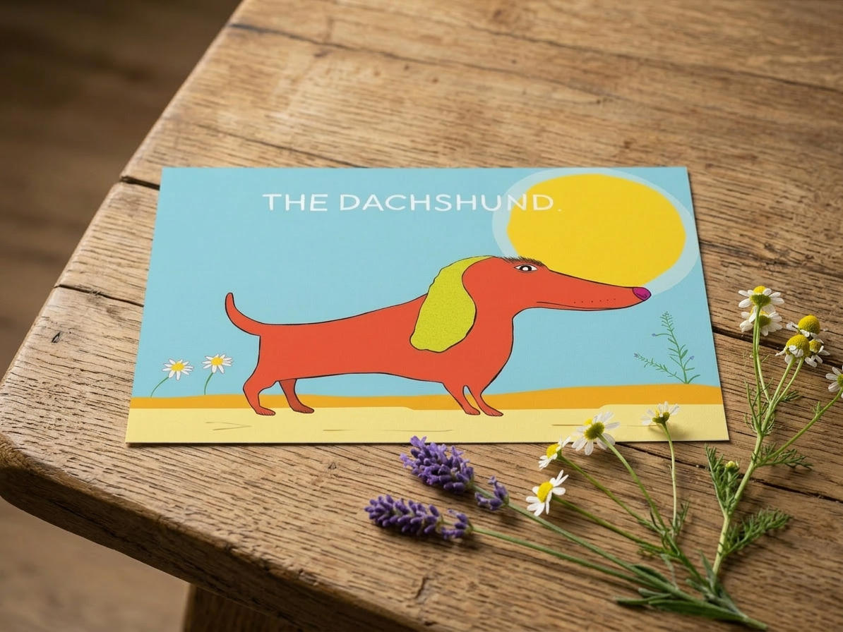 Cartoon illustration dachshund print with flowers on a wooden surface