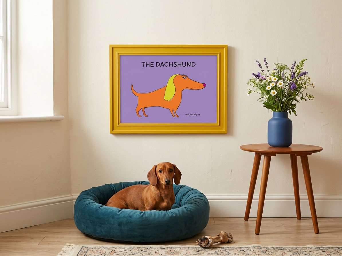 Sausage dog lying on a blue bed above which is  a framed print of a dachshund which reads 'The Dachshund, small but mighty.'