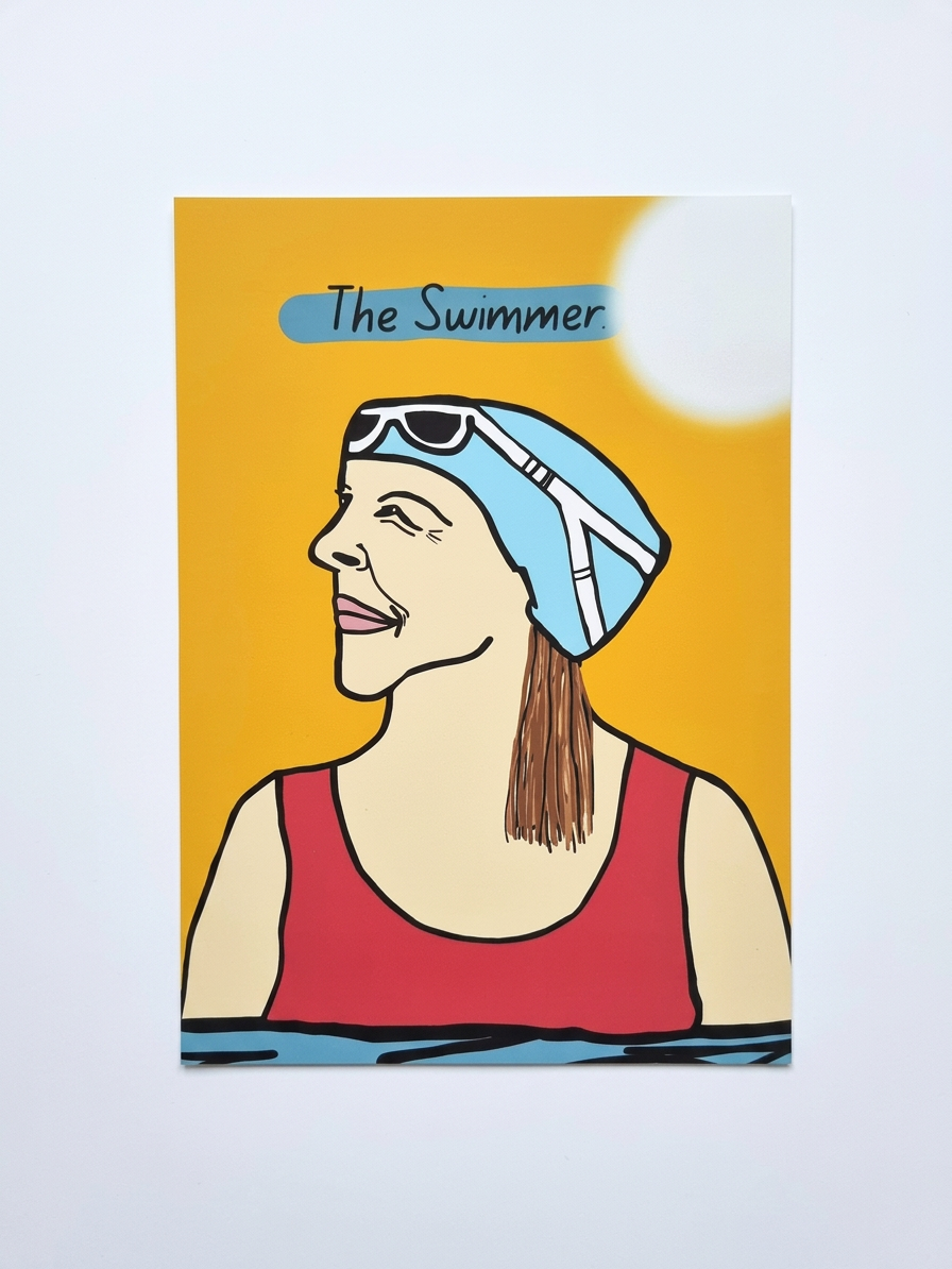 Illustration of a swimmer with goggles and a swim cap on a yellow background, labeled 'The Swimmer'.