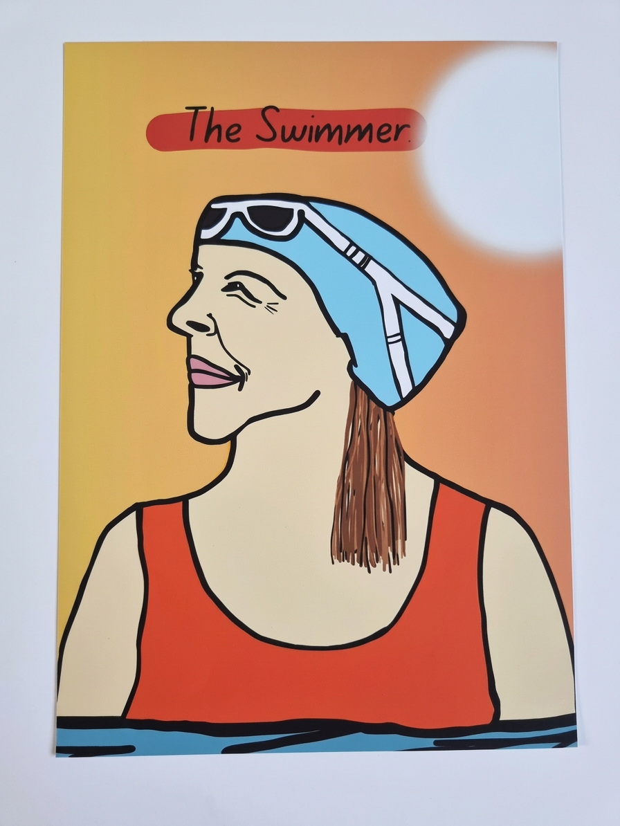 Illustration of a swimmer with a blue cap and red swimsuit on a yellow and orange background.