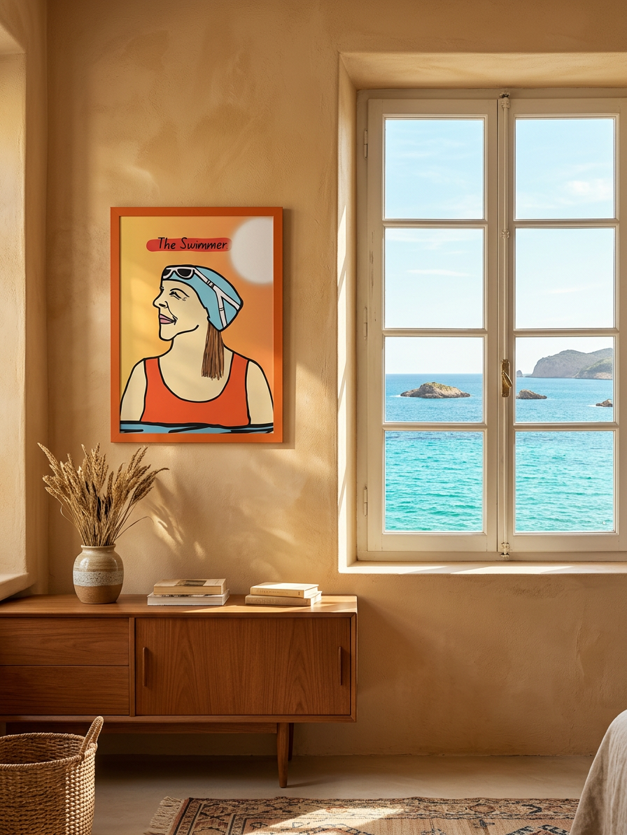 Room interior with a painting of a woman in an orange dress and blue headscarf, a wooden cabinet, and a window with a view of the sea.